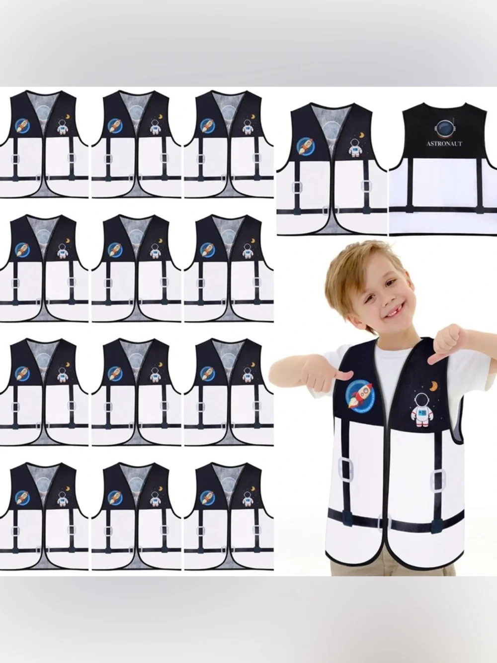 Kids Space Explorer Safety Vest – White & Black with Rocket Patch